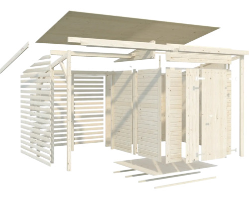 Schéma éclaté d''une maison de jardin en bois avec toit, murs et plancher