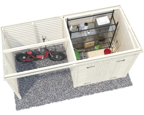 Image d''un abri de jardin en bois avec un abri pour vélos et une zone à outils avec étagère