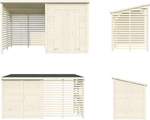 Vues multiples d''un cabanon en bois avec rangement pour le bois