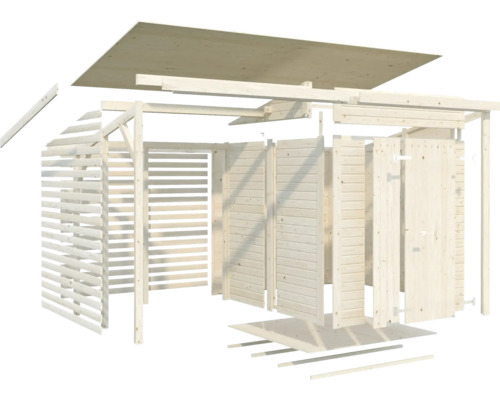 Explosionszeichnung eines Gartenhauses aus Holz