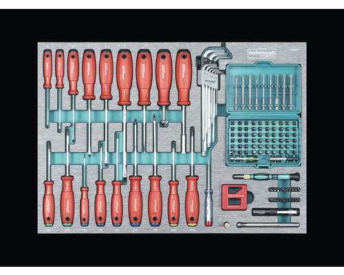 Sortiment verschiedener Schraubendreher, Bits und Zubehör im Werkzeugkoffer
