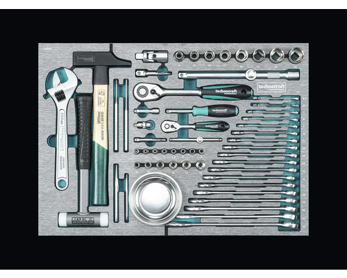Werkzeugsortiment mit Schraubenschlüssel, Hammer und Steckschlüsseln