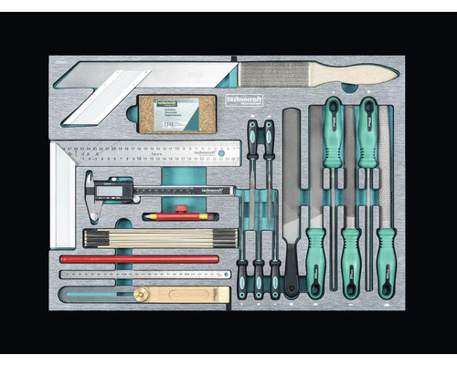 Techno Craft Werkzeugsortiment mit verschiedenen Werkzeugen wie Winkel, Lineale und Feilen