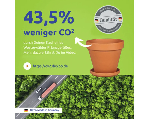 Publicité pour les pots de fleurs Westerwälder indiquant une réduction de 43,5 % des émissions de CO2 et le label de qualité Made in Germany