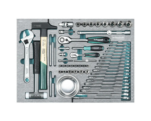 Technocraft Werkzeugsortiment im Werkzeugwagen-Einsatz mit Schraubenschlüsseln, Hammer, Zangen und Schraubendrehern