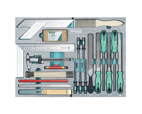 Sortiment mit Werkzeugen wie Winkel, Feilen, Messschieber und Streichmass im Werkzeugkoffer