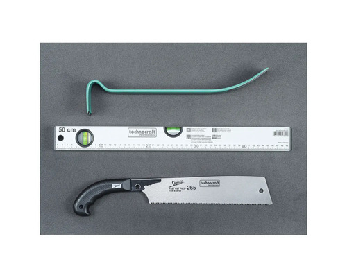 Handwerkzeugset mit Kuhfuß, Wasserwaage und Fuchsschwanz