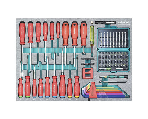 Sortiment an Schraubendrehern, Bits, Winkelschlüsseln und Zubehör in Werkzeugaufbewahrung