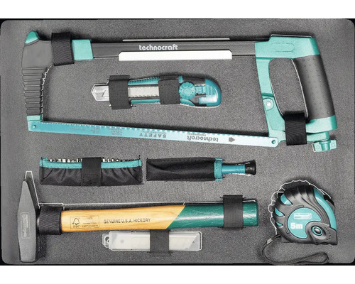 Werkzeugsortiment mit Fuchsschwanzsäge, Cuttermesser, Metallsäge, Hammer, Bit-Set und Rollbandmaß