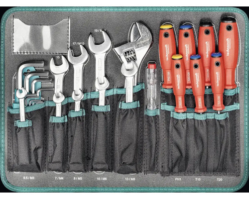 Werkzeugsatz mit Schraubenschlüsseln, Schraubendrehern und Inbusschlüsseln in einer Werkzeugtasche