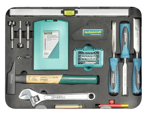 Werkzeugkoffer mit Hammer, Schraubenschlüssel, Wasserwaage, Schraubendreher, Bits, Bohrer und Meißel