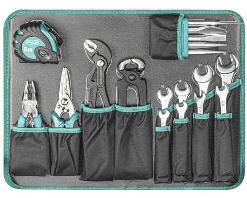 Werkzeugset mit Zangen, Schraubenschlüsseln, Schraubendrehern und einem 5-Meter-Maßband in einer Rolltasche.