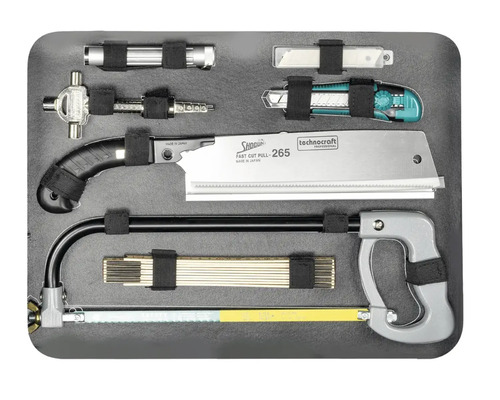 Werkzeugset mit Handsäge, Metallsäge, Cuttermesser, Messschieber und Taschenlampe in einer Werkzeugtasche