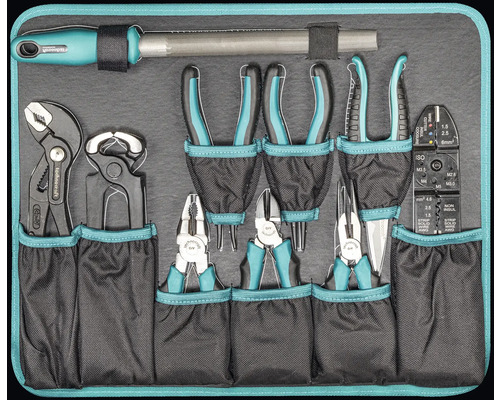 Werkzeugsatz in einer Werkzeugtasche, inklusive Zange, Feile und Kabelschneider