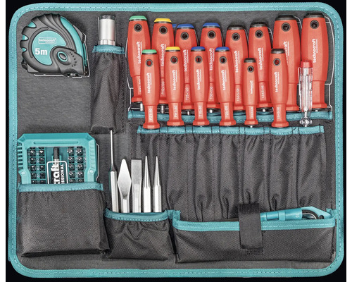 Werkzeugsatz mit Schraubendrehern, Bits, Messband und anderen Werkzeugen in einer Werkzeugtasche
