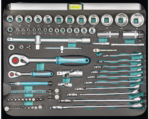 Werkzeugkoffer mit Steckschlüsselsatz, Schraubenschlüssel, Ratsche und Wasserwaage