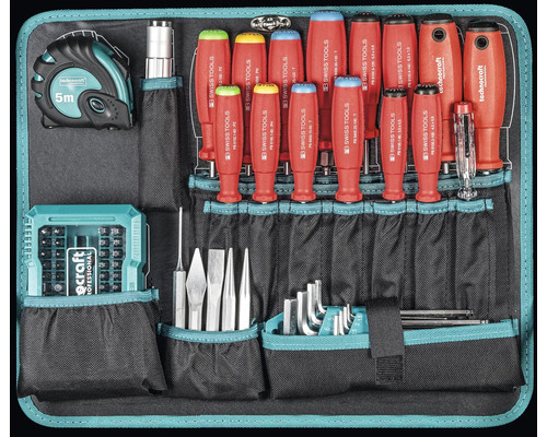 Werkzeugset mit Schraubendrehern, Bits, Massband, Stiften und Schlüsseln in einer schwarzen Werkzeugtasche