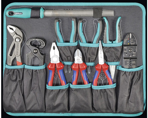 Werkzeugtasche gefüllt mit Zangen, Feile und Abisolierzange