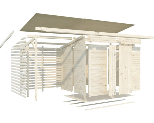 Présentation éclatée d''un abri de jardin en bois