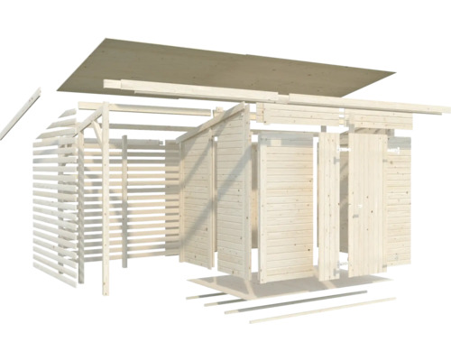 Schéma éclaté d''un abri de jardin en bois