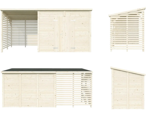 Vues multiples d''un abri de jardin en bois avec extension pour le bois de chauffage.