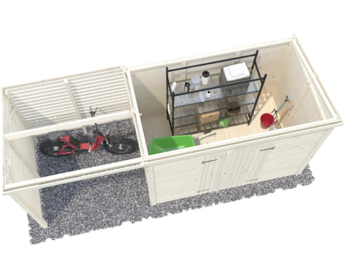 Abri de jardin avec vélo, étagère, brouette et outils de jardin