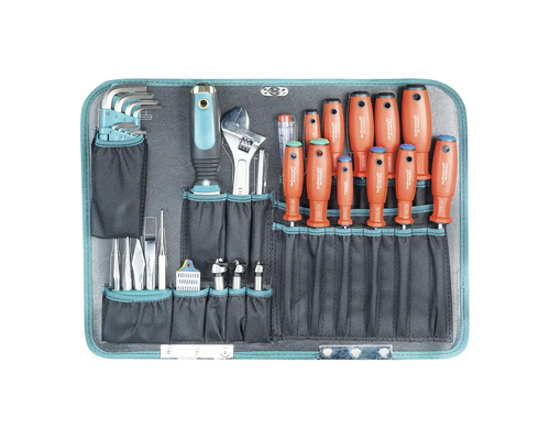 Werkzeugsatz in aufrollbarer Tasche mit Schraubendrehern, Inbusschlüsseln und Schraubenschlüsseln