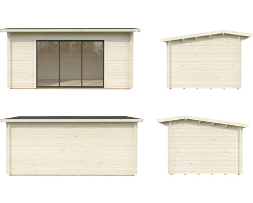 Vues d''une cabane de jardin en bois avec une grande fenêtre