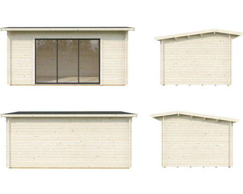 Vues d''un abri de jardin en bois avec porte coulissante