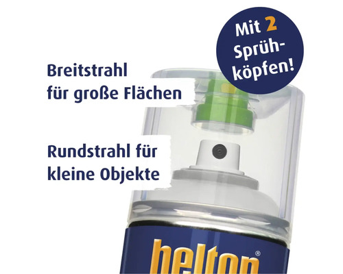 Sprühdose mit zwei Sprühköpfen: Breitstrahl für grosse Flächen und Rundstrahl für kleine Objekte