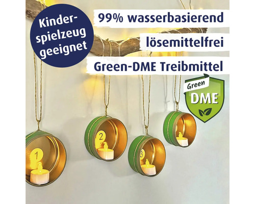 Dekoration mit Teelichthaltern, Aufschrift: für Kinderspielzeug geeignet, 99 Prozent wasserbasiert, lösemittelfrei, Green-DME Treibmittel, Green-DME Siegel