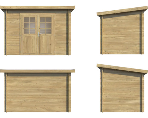 Abri de jardin en bois avec double porte et toit monopente sous différents angles