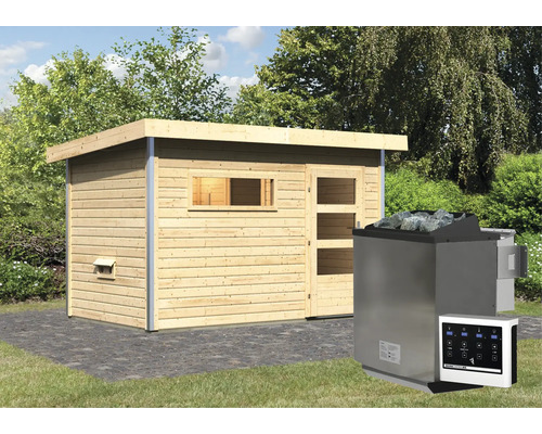 Sauna avec poêle de sauna et unité de commande dans le jardin