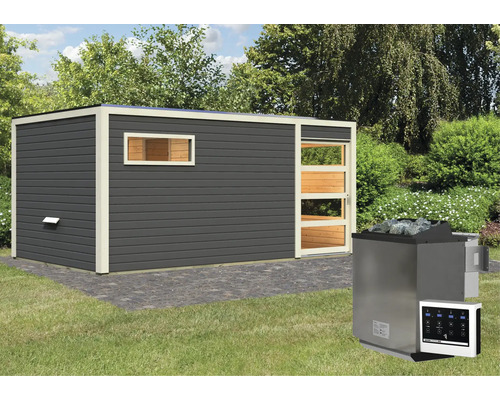 Saunahaus Karibu Zirkon 2 inkl.9 kW Bio Ofen u.ext.Steuerung mit Vorraum und Holztüre mit Klarglas terragrau/weiss