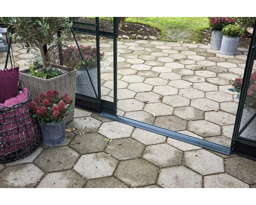 Scène avec des plantes en pot et une serre sur une allée de jardin