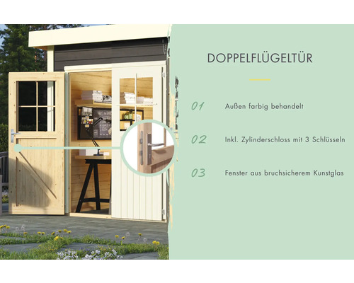 Doppeltür für Gartenhaus mit farbiger Aussenbehandlung, Zylinderschloss und bruchsicherem Kunstglas