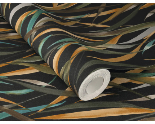 Rouleau de papier peint noir avec motif de feuilles