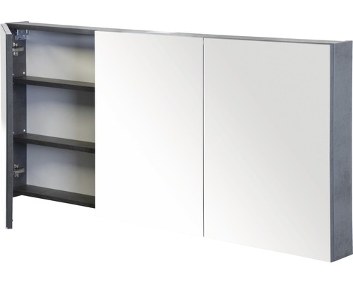 Armoire de toilette avec une porte ouverte donnant sur les étagères