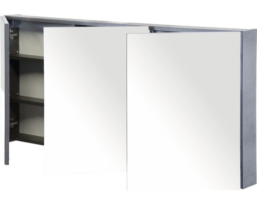 Armoire de toilette avec deux portes, partiellement ouverte