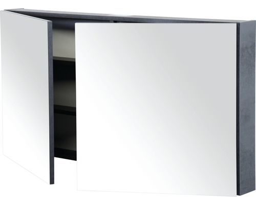 Armoire de toilette avec deux portes ouvertes et des étagères