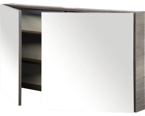 Armoire de toilette ouverte avec étagères