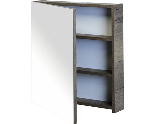 Armoire de toilette avec deux étagères et porte ouverte