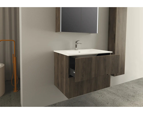 Salle de bains avec meuble sous-lavabo, lavabo, armoire de toilette et armoire haute