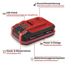 Einhell Power X-Change Akku mit LED-Ladezustandsanzeige, Kurzschlusssicherung, Staub- und Wasserschutz IP57 sowie Batteriemanagementsystem.