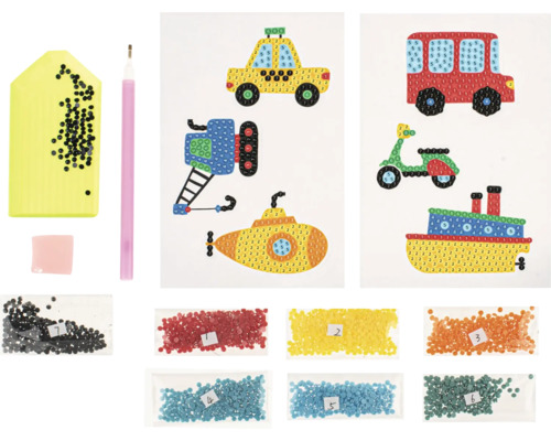 Diamond Painting Set mit verschiedenen Fahrzeugmotiven, Zubehör und farbigen Steinen