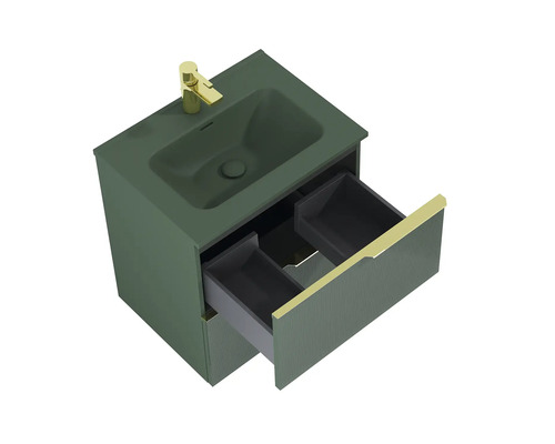 Meuble-lavabo avec tiroir ouvert et robinetterie