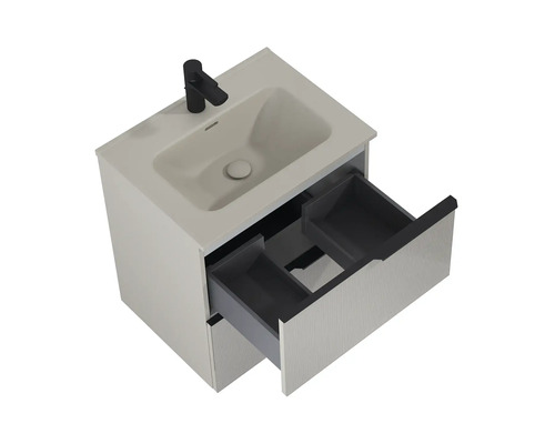 Waschtisch mit offenem Schubladenelement und Armatur