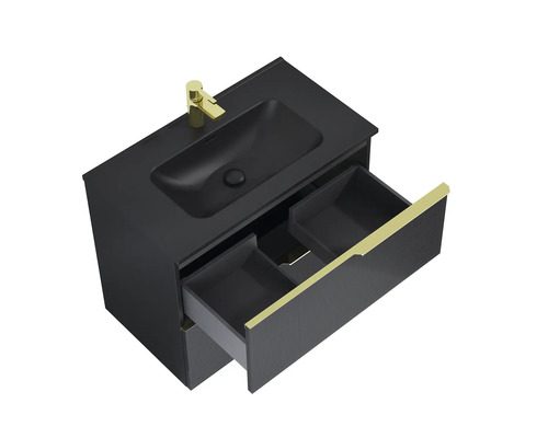 Schwarzer Waschtisch mit zwei Schubladen und goldfarbenen Griffen