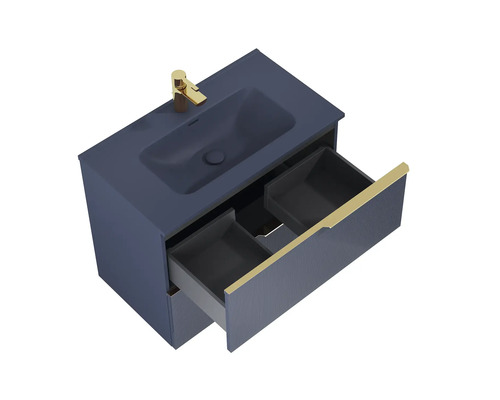 Meuble sous-lavabo avec tiroir ouvert et lavabo