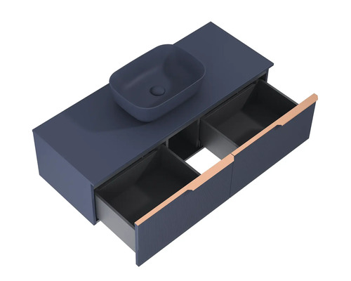 Waschtisch mit Aufsatzwaschbecken und offenen Schubladen